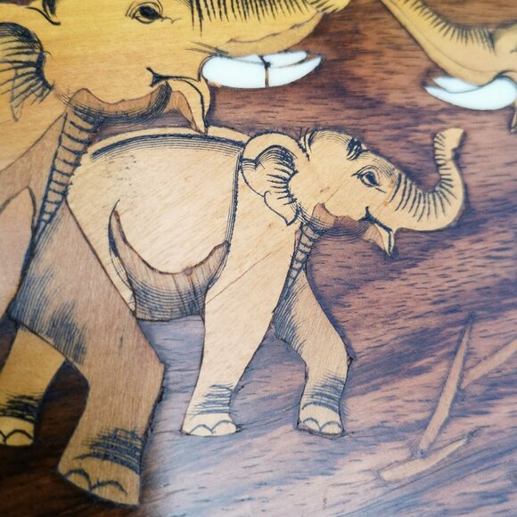 Vintage Handmade Marquetry Wooden Elephant Wall Picture 14"x6" Etched Carved - Picture 7 of 14